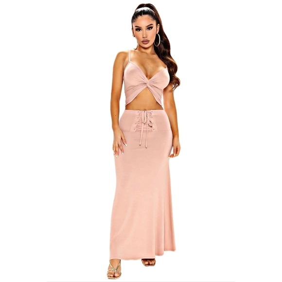 Fashion Nova ✦ Mauve Skirt Set ✦ Twist-Front Crop Top + Lace-Up Maxi Skirt Sz XS - Picture 7 of 11
